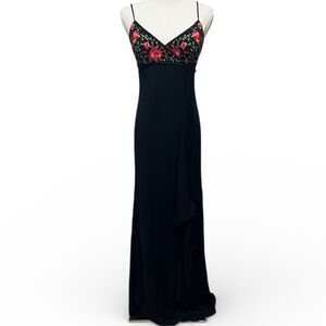 Vintage Black Formal Dress Gown Y2K 90s Fairy Boho Size 7/8 Floral Prom Ruffle